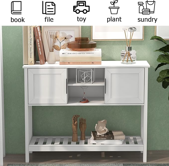 TaoHFE Console Table with Storage with Doors,Modern Fashion White Narrow Side Table Wooden Entry Table with Storage,Hallway Table for Living Room Entryway