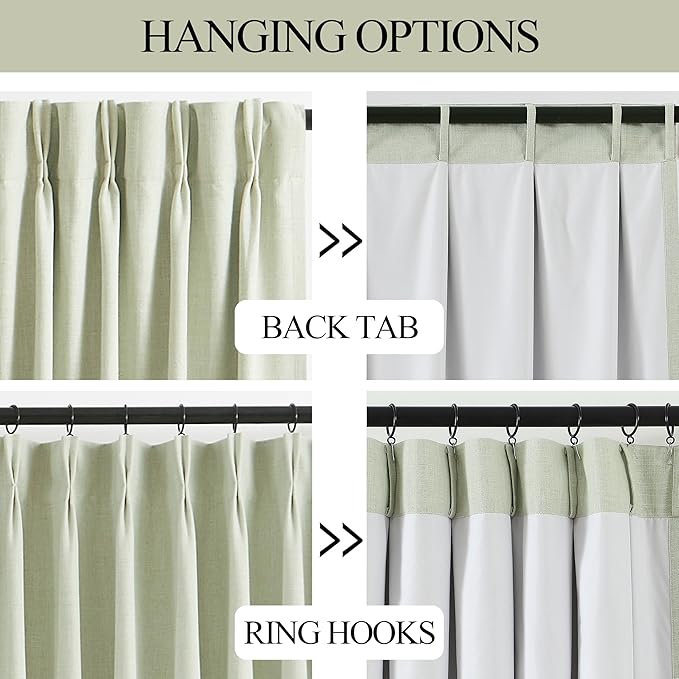 Vision Home Soft Green Pinch Pleated Full Blackout Curtains Linen Blended Room Darkening Window Curtains 63 inch for Living Room Bedroom Thermal Insulated Pinch Pleat Drapes with Hooks 60" Wx63 Lx1