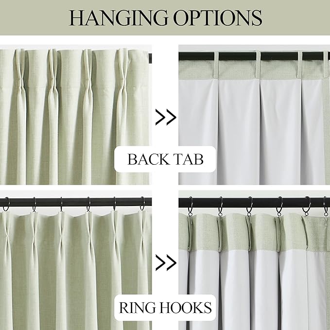 Vision Home Soft Green Pinch Pleated Full Blackout Curtains Linen Blended Room Darkening Curtain Panels 112 inch for Living Room Bedroom Thermal Insulated Pinch Pleat Drapes with Hooks 40" Wx112 Lx2