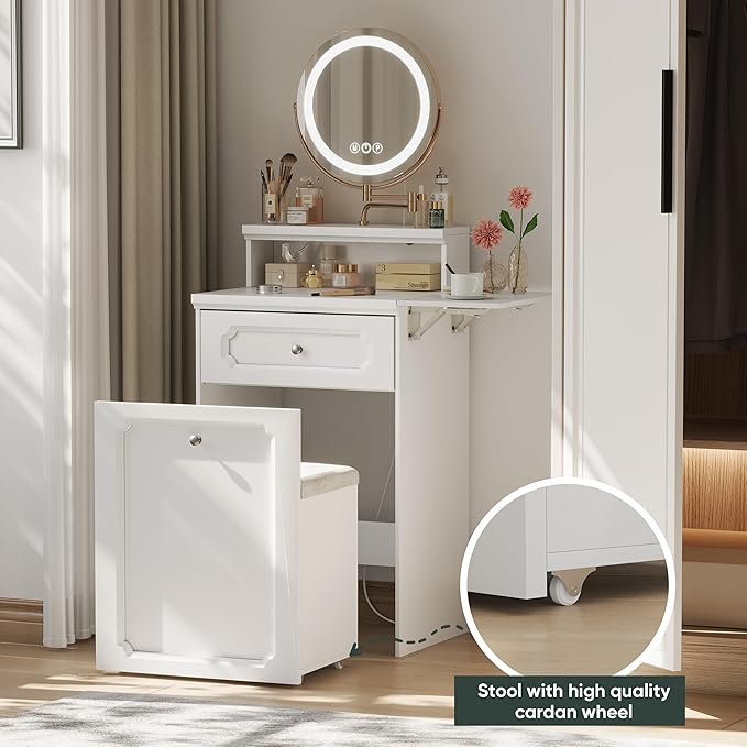 3 in 1 Small Vanity, Makeup Vanity Desk with Rotatable Mirror and Lights, White Make Up Vanity Table with 3 Adjustable Lighted and Chair for Compact Space, Corner Mini Makeup Table with Fold-up Panel