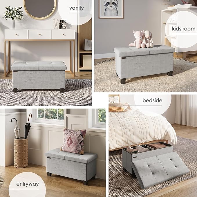 STORAGEBUD Storage Ottoman Bench with Bins, 30-in Storage Bench for Bedroom End of Bed, Folding Foot Rest Ottoman for Living Room Max 660lbs, Velvet Ottomans, Light Grey