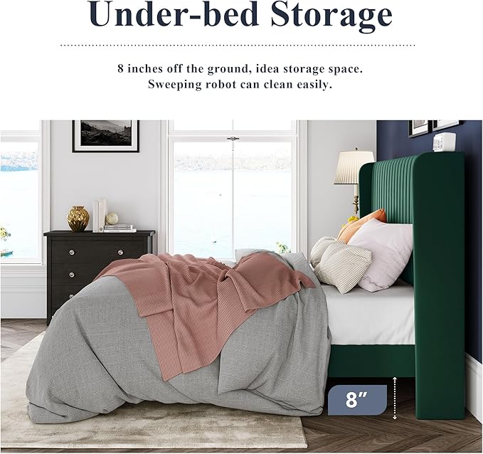 Allewie King Size Bed Frame/Velvet Upholstered Platform Bed/Vertical Channel Tufted Wingback Headboard/Strong Wooden Slats/No Box Spring Needed/Easy Assembly/Green