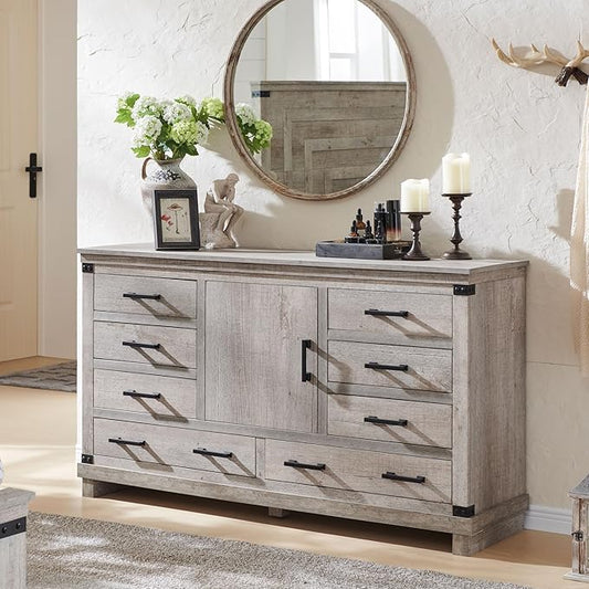 T4TREAM Farmhouse 8 Drawers Dresser for Bedroom, 54" Wide Wood Chest of Drawers w/Storage Cabient & Adjustable Shelf, Rustic Dressers Organizer for Living Room, Hallway, Light Rustic Oak