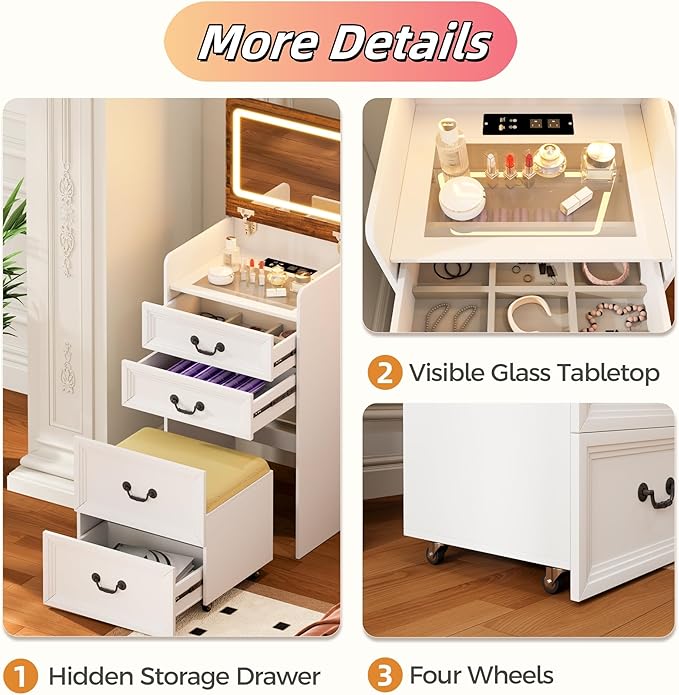 Makeup Vanity, 3-in-1 Vanity with Flip-Top Mirror, Visible Glass Desktop & 3-Color Lighting, 20'' Intelligent Makeup Desk with USB Charging Station & Hidden Storage Stool for Bedroom, White