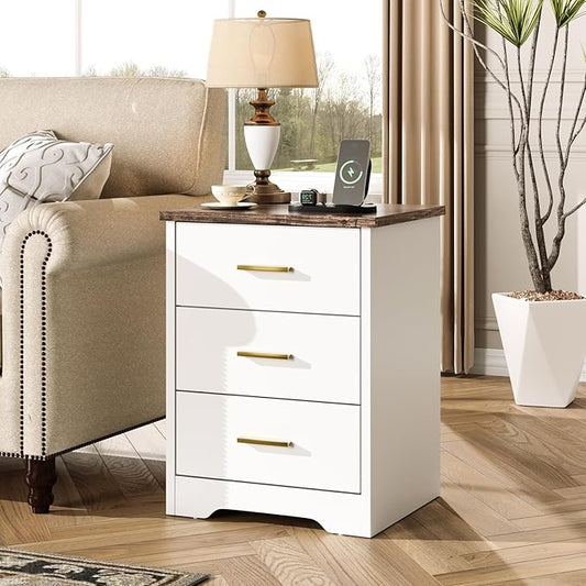 LIDYUK White Dresser for Bedroom, 3 Drawer Dressers & Chest of Drawers, Modern Wood Dresser with Charging Station, End Table Nightstand Bedside Table for Bedroom, Living Room