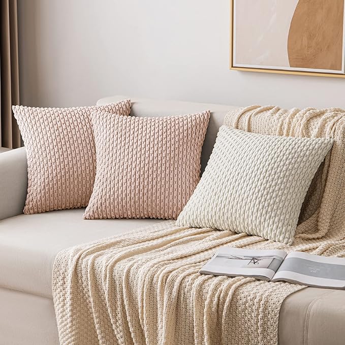 MIULEE Throw Pillow Covers Soft Corduroy Decorative Set of 2 Boho Striped Pillow Covers Pillowcases Farmhouse Home Decor for Couch Bed Sofa Living Room Spring 18x18 Inch Pink