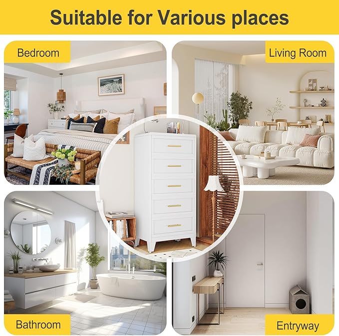 5 Drawers White Dresser for Bedroom, 53.46" Tall Metal Dressers & Chests of Drawers Curved Corner Design, Storage Organizer Drawer Chest with Large Capacity for Living Room, Entryway, Hallway