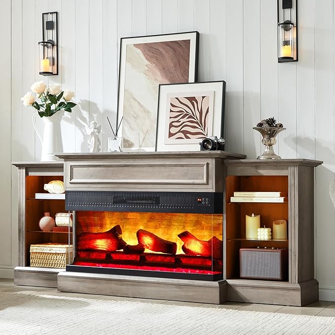AMERLIFE 70" Electric Fireplace with Mantel, Farmhouse 3-Sided Fireplace TV Stand for TVs up to 75 Inch, Entertainment Center with Adjustable Shelves & LED Light, Rustic Grey