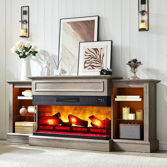 AMERLIFE 70" Electric Fireplace with Mantel, Farmhouse 3-Sided Fireplace TV Stand for TVs up to 75 Inch, Entertainment Center with Adjustable Shelves & LED Light, Rustic Grey