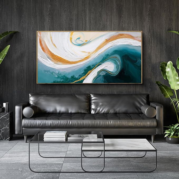 XLSJERST Abstract Canvas Wall Art for Living Room - Large Frame Blue and White Wall Decor Picture Modern Orange Painting Artwork for Bedroom Home Office Decoration Size 48x24 Inches