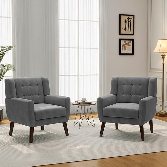 Accent Chair, Mid-Century Modern Velvet Fabric Chairs with Arms for Living Room, Comfy Upholstered Club Single Sofa Armchair for Bedroom Waiting Room with Solid Wood Frame (Velvet Grey, Set of 2)