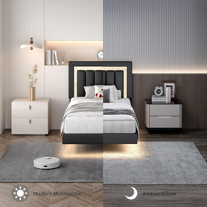HOMBCK Floating Bed Frame Twin with Smart LED Lights, Faux Leather Upholstered Platform Bed with Diamond Headboard, No Box Spring Needed, Noise Free, Easy Assembly, Black