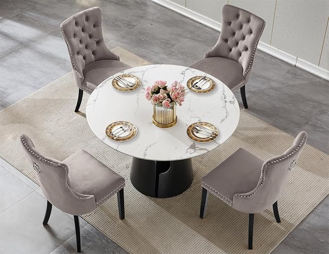 5-Piece Faux Marble Round Dining Table Set for 4, Modern Luxury Kitchen Table Set for 4 with Grey Tufted Chairs,Circle Dining Tables with White Marble Grain Top and Black Pedestal Base