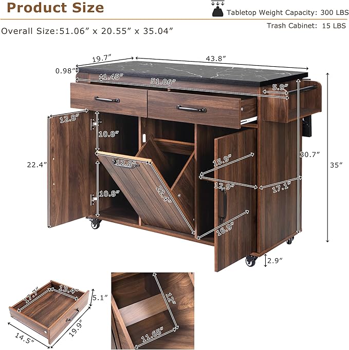Kitchen Island with Storage & Drop Leaf, 51" Kitchen Rolling Island on Wheels with Spice Rack & Towel Rack, Kitchen Island Cart with Trash Can Storage, Walnut Brown