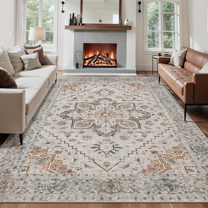 Tangsoo 8x10 Area Rug for Living Room, Washable Vintage Rugs Indoor Non Slip Large Area Rugs, Print Distressed Taupe Carpet, Soft Low Pile Foldable Floor for Bedroom Dining Room Dorm