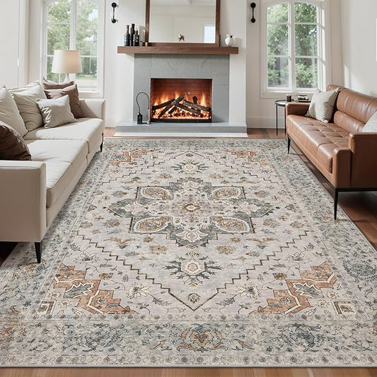 Tangsoo 8x10 Area Rug for Living Room, Washable Vintage Rugs Indoor Non Slip Large Area Rugs, Print Distressed Taupe Carpet, Soft Low Pile Foldable Floor for Bedroom Dining Room Dorm