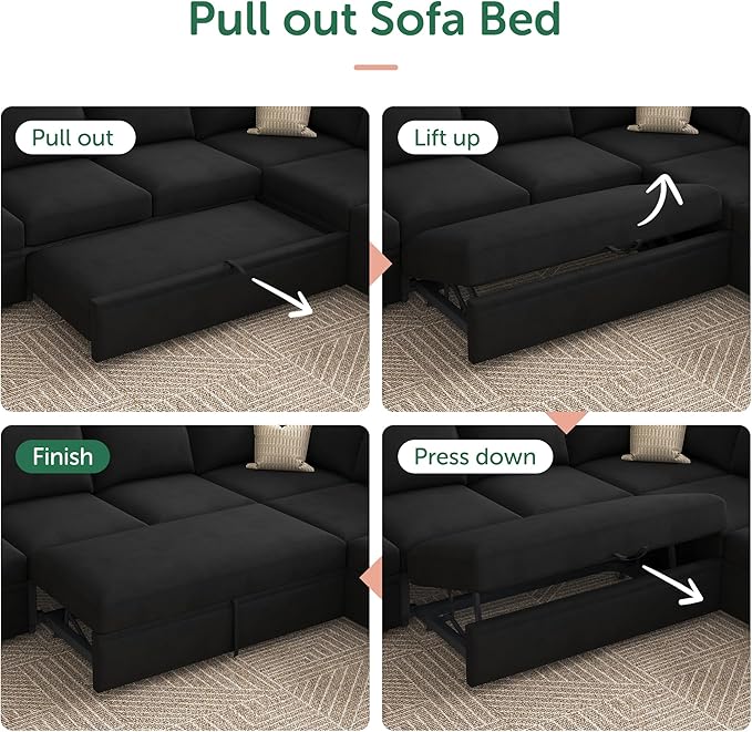 HONBAY Modular Sectional Sleeper Sofa Bed, Velvet Sectional Couch with Pull Out Bed U Shaped Modular Couch with Storage Ottoman for Living Room, Black