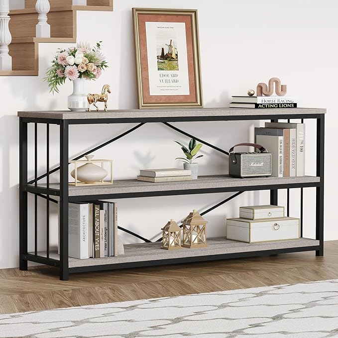 HSH Long Bookshelf, Large Wood Wide Grey Horizontal Book Shelf Under Window, Modern Open Etagere Bookcase for Bedroom Living Room, Industrial Wooden Metal Display Bookshelves for Home Office, 63 Inch