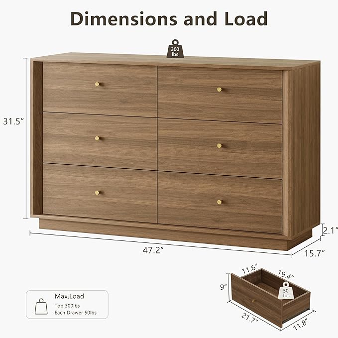 Mid Century Modern Dresser, 6 Drawer Dresser with Storage, 47" Wide Chest of Drawers with Wood Grain Texture, Drawers Organizer for Bedroom, Living Room, Hallway, Walnut