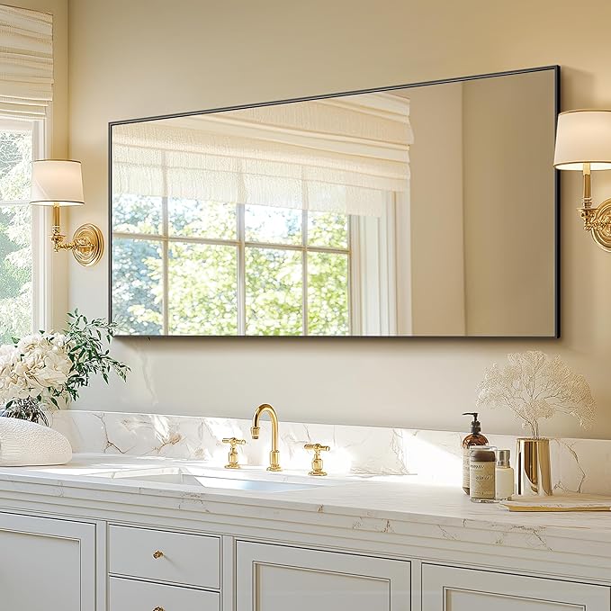 Bathroom Vanity Mirror for Wall, 55" x 30" Metal Framed Rectangular Bathroom Wall Mirror for Over Sink, HD Shatterproof Glass, Hangs Horizontally or Vertically(Black)