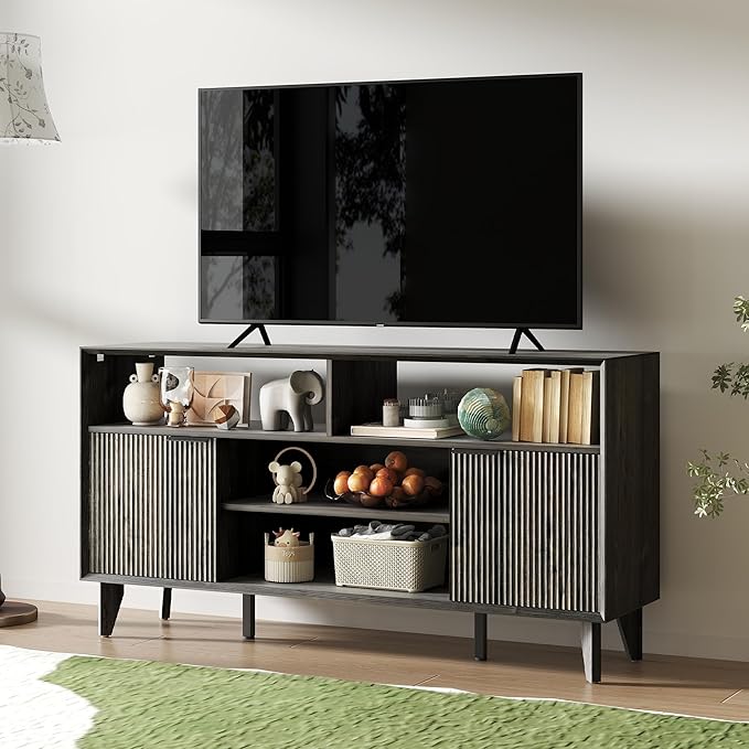 Fluted TV Stand for 70 inch，Entertainment Center with Storage Cabinets, Modern TV Console with Open Adjustable Shelves, TV Stand for Living Room Bedroom, Black&Grey