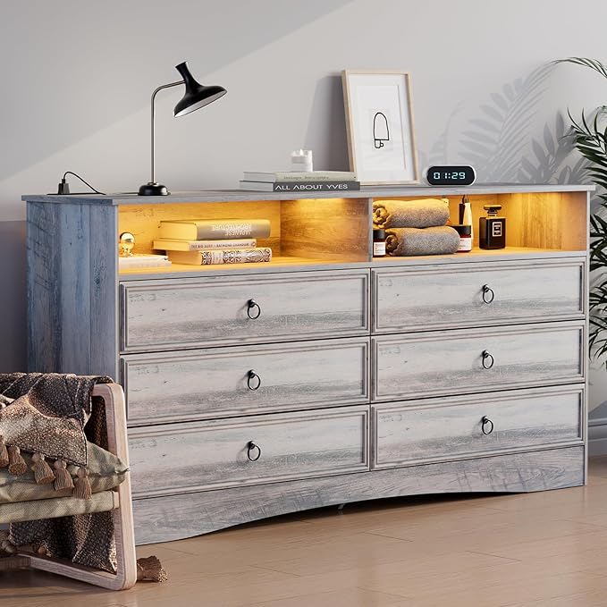 Grey 6 Drawer Dresser for Bedroom with LED Lights and Charging Station, Wood 6 Chest Drawers, Large Storage for Clothes, for Living Room, Bedroom, Hallway, Taupe Grey