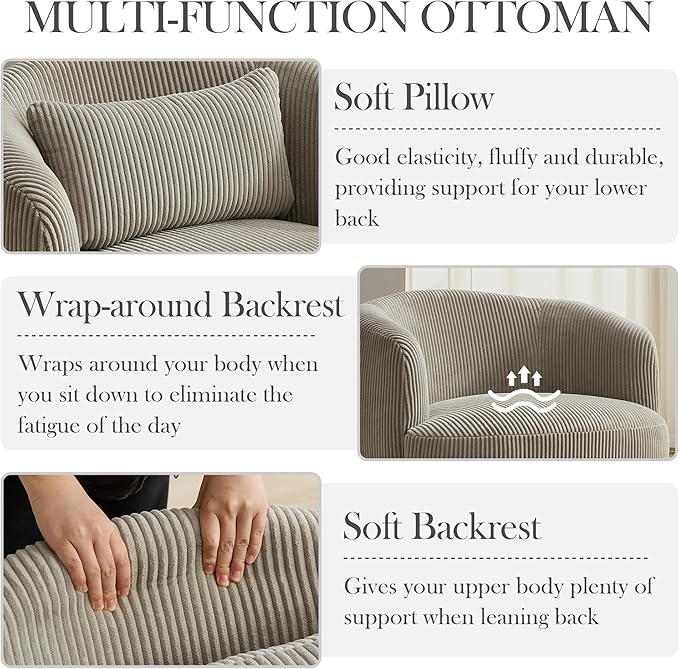 Aoiy & Wifon 34.25" W Swivel Barrel Chair, Upholstered Round Small Accent Chair, Single Comfy Barrel Chair for Living Room, Corduroy, Light Gray