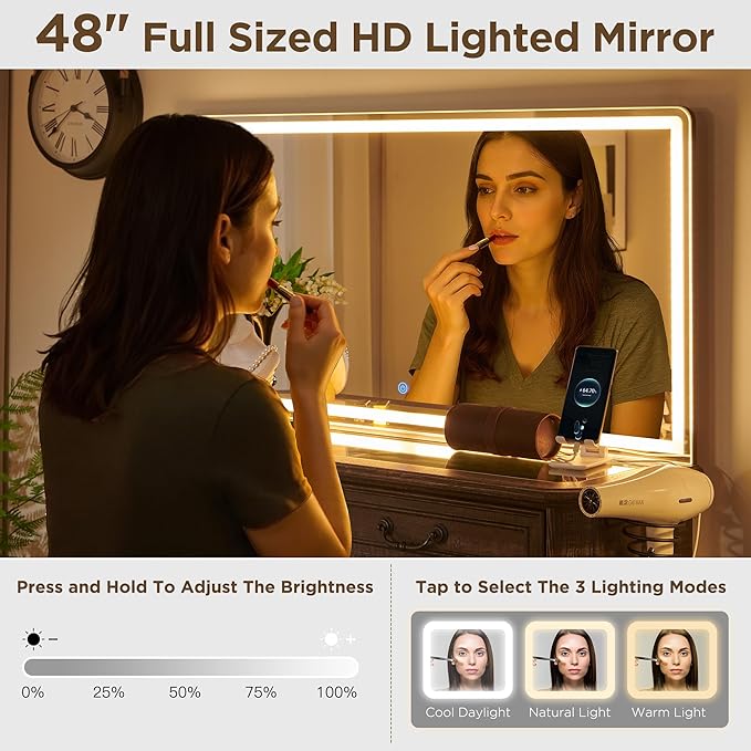 T4TREAM Vanity Desk with Mirror and Lights, 48'' LED Lights Makeup Vanity with 3 Colors, Farmhouse Vanity Table with 8 Drawers(Dark Rustic Oak)