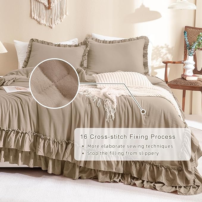 QSH Ruffled Comforter Set King Size,3PCs Light Taupe Shabby Boho Chic Bedding Comforter Sets King, Ultra Soft Farmhouse Lightweight Microfiber Inner Fill Bed Comforter Set