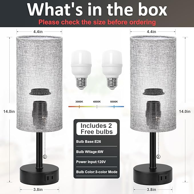 Grey Bedside Table Lamps Set of 2-3 Color Temperatures Pull Chain Lamp with AC Outlet Charging Port, Round Night Stand Lamps for Bedroom Office, Small Bed Side Light with E26 LED Bulbs