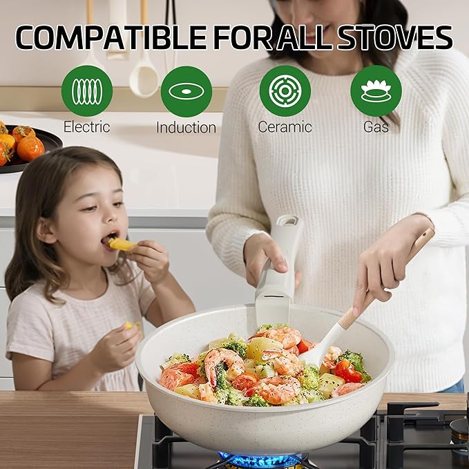 26 Pcs Pots and Pans Set Non Stick, Ceramic Cookware Set Non Toxic with Detachable Handles, Healthy Induction Cookware Dishwasher Oven Safe RV Kitchen Set, PFAS PFOA & PTFE Free, Cream White