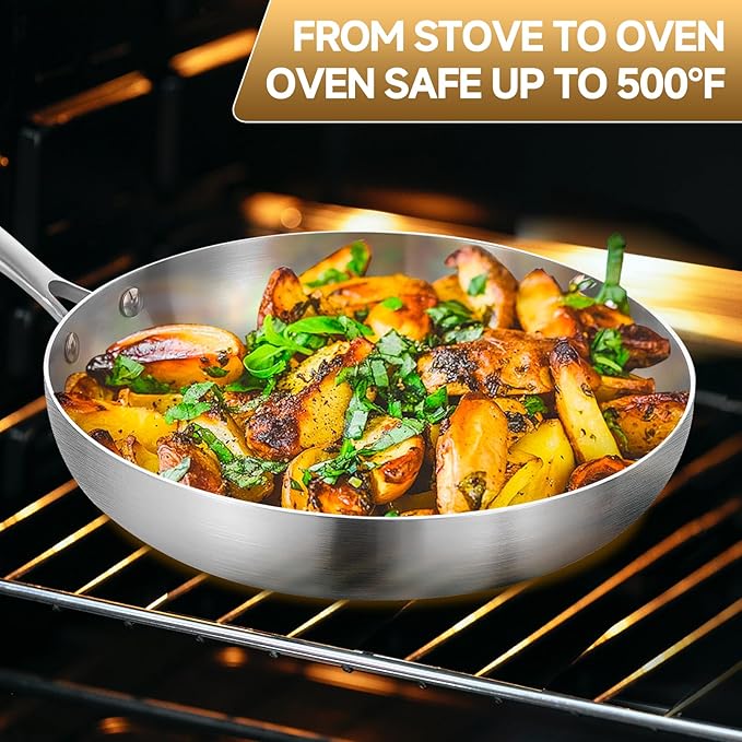 Inqibee 8.5 Inch Tri-Ply Stainless Steel Frying with Lid,Small Skillet,Induction Cooking Pan,Dishwasher and Oven Safe