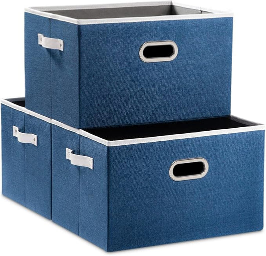 PRANDOM Larger Collapsible Storage Bins for Closet [3-Pack] Decorative Linen Fabric Storage Baskets Cubes with Leather/Metal Handles for Living Room Royal Blue (17.3x12.2x10.4 Inch)