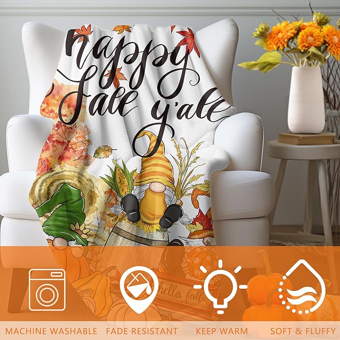 Fall Blanket, Fall Gnome Throw Blanket 50"X60", Autumn Decorations for Home Flannel Thanksgiving, Decorative, Cozy, Warm, Perfect for Bed, Couch, Movie Theater, Gift for Him or Her, Harvest Seasonal