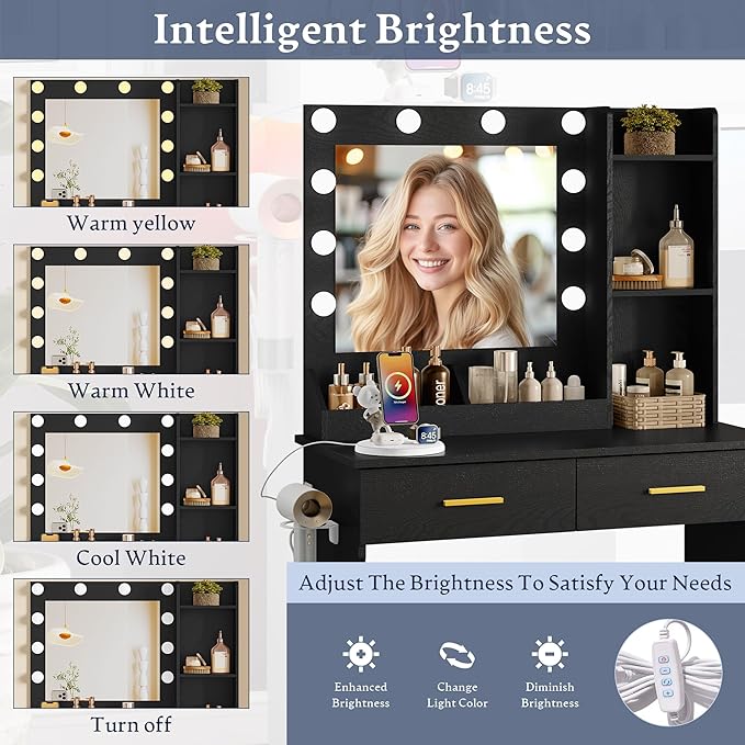 Makeup Vanity Desk with Mirror and Lights, Small Makeup Vanity Table Set with Drawers, Power Outlet & Storage Stool, White Vanity with 3 Lighting Modes LED for Women Girls Bedroom