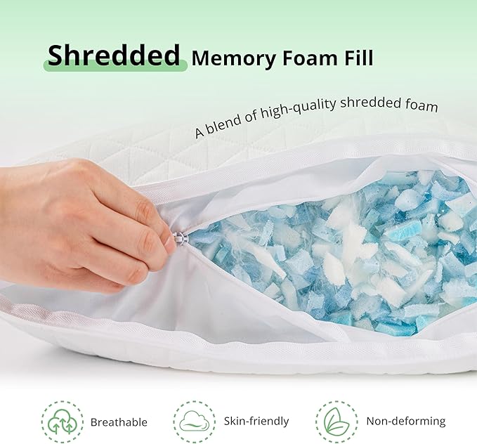 Shredded Memory Foam Pillows, Adjustable Bed Pillows for Side, Back or Stomach Sleepers, Neck Pillows for Sleeping, Queen Size Pillow with Removable Cover(Pack of 1, Adjustable)