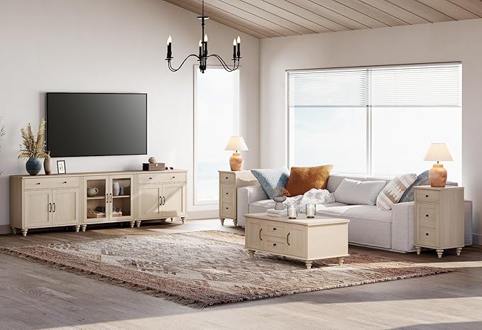 WAMPAT Farmhouse TV Stand for 100 Inch TV, 3-in-1 TV Console Table for 75/80/85/90 Inch TV, Entertainment Center with Glass & Wood Door, Kitchen Sideboard Buffet Cabinet for Dining Room, Light Oak