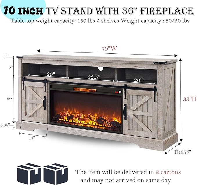 OKD Fireplace TV Stand for 80 Inch TV, 33" Tall Highboy Farmhouse Entertainment Center w/ 36'' Electric Fireplace, Rustic Media Console w/Sliding Barn Door for Living Room, Light Rustic Oak