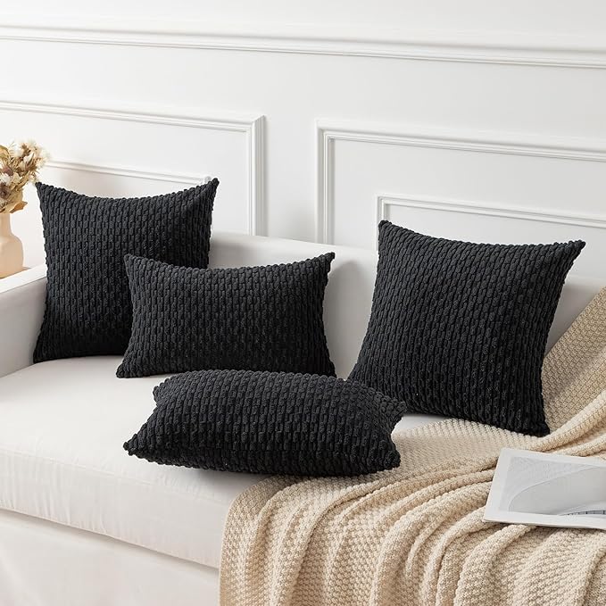 Kevin Textile Rectangle Throw Pillow Covers Ultra Soft Striped Corduroy Solid Cushion Covers Oblong Throw Pillowcases for Lumbar 12 x 20 inch Black