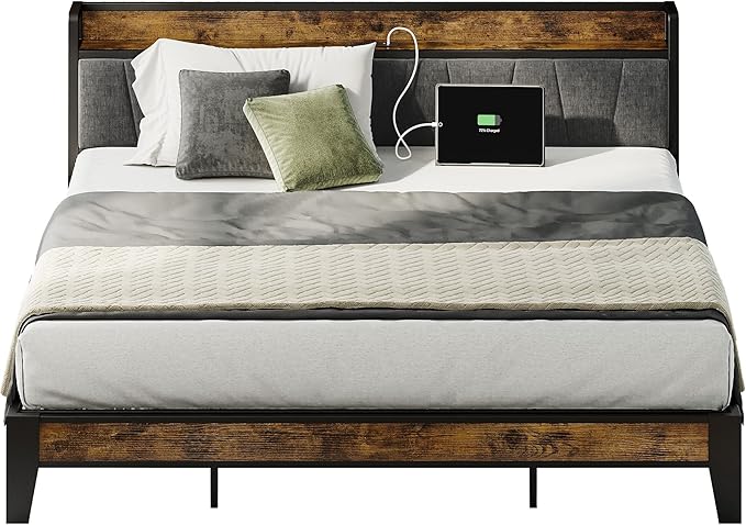 LIKIMIO King Size Bed Frame, Storage Headboard with Charging Station, Solid and Stable, Noise Free, No Box Spring Needed, Easy Assembly