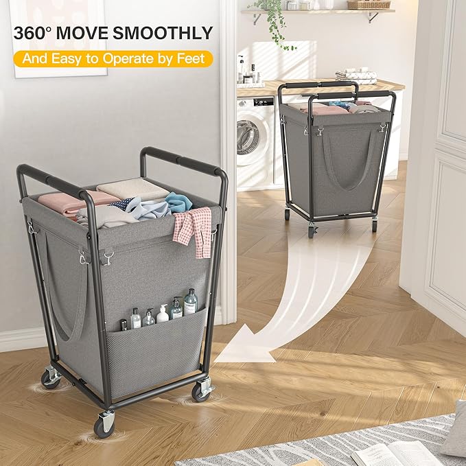Laundry Basket with Wheels & Handles, 180L Laundry Cart with Removable Bag & Metal Frame for Clothes Storage, Laundry Room Organization Rolling Hamper with Wheels For Laundry, Dorm (Gray)