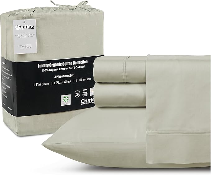 CHATEAU HOME COLLECTION 100% Organic Cotton Sheets Twin XL Size, Soft & Comfy Breathable 300 Thread Count Deep Pocket Sheets for All Seasons, Machine Washable No Pill Thick Cotton Bed Sheet - Sage