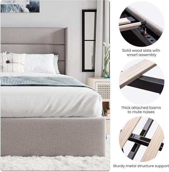 SHA CERLIN Full Size Lift Up Storage Bed/Modern Wingback Headboard/Upholstered Platform Bed Frame/Hydraulic Storage/No Box Spring Needed/Wood Slats Support/Light Beige