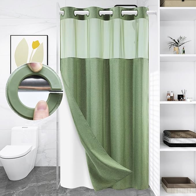 Small No Hook Shower Curtain with Snap in Liner, Polyester Textured Shower Curtain with Liner Set, Waterproof Washable Hotel Style Shower Curtains for Bathroom, 54Wx80H, Sage Green