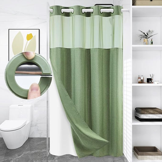 Small No Hook Shower Curtain with Snap in Liner, Polyester Textured Shower Curtain with Liner Set, Waterproof Washable Hotel Style Shower Curtains for Bathroom, 54Wx80H, Sage Green