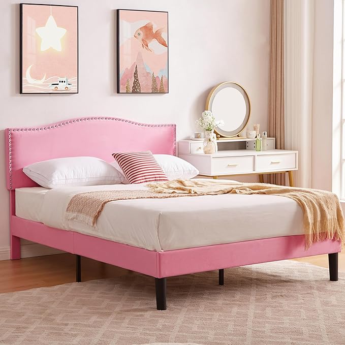 VECELO Queen Bed Frame Platform Bed Frame with Upholstered Headboard, Strong Frame and Wooden Slats Support, Strong Weight Capacity, Non-Slip and Noise-Free, Easy Assembly,Pink