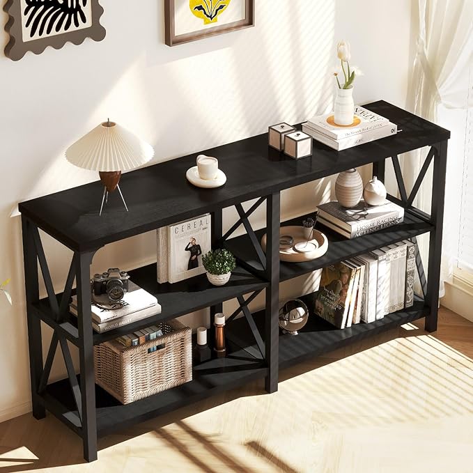 LVB Black Console Table, Modern Entryway Table with 3 Tier Storage Shelves, Industrial Sofa Table Behind Couch for Living Room, Farmhouse Wood Metal Entry Table for Hallway Foyer, Black Oak, 55 Inch