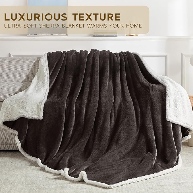 BEAUTEX Sherpa Fleece Throw Blankets, Soft Fluffy Flannel Plush Blanket and Throw, Fuzzy Cozy Coffee Cuddle Blankets for Couch Bed Sofa Adults (50" x 60", Coffee)