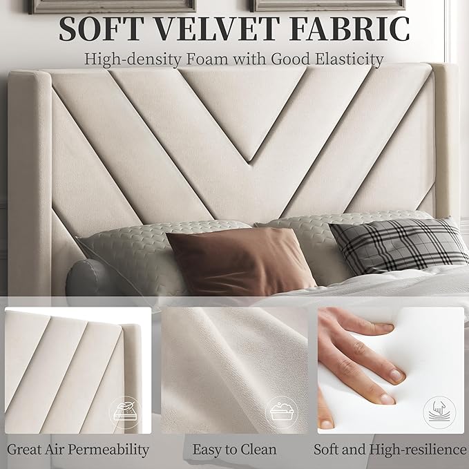 Yaheetech Twin Bed Frame Upholstered Platform Bed with Wing Side/Wooden Slat Support/Tufted Headboard with Wing Side/Mattress Foundation/No Box Spring Needed,Beige Twin Bed