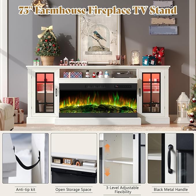 AMERLIFE 75in 3-Sided Glass Fireplace TV Stand with LED Lights for TVs up to 85", Rustic Fireplace Media Entertainment Center Console Table Cabniet with Glass Door Closed Storage, Distressed White